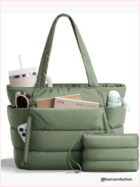 Puffer Tote Bag Lightweight Quilted Shoulder Bag w/ Zipper 16 Pockets